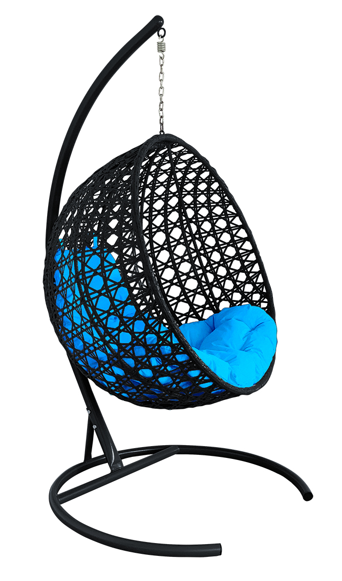 Подвесное кресло КРУГ ЛЮКС с ротангом чёрное, голубая подушка