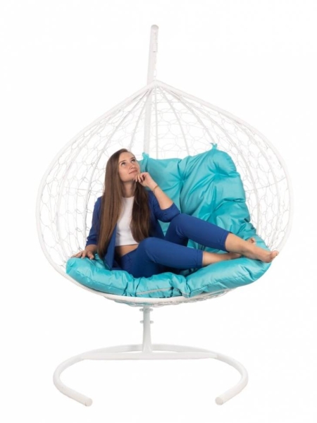 Двойное подвесное кресло "Gemini promo White BS", без стойки, голубая подушка