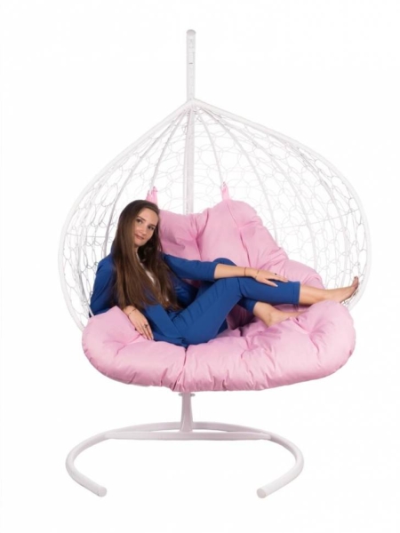 Двойное подвесное кресло Gemini promo white с  розовой подушкой
