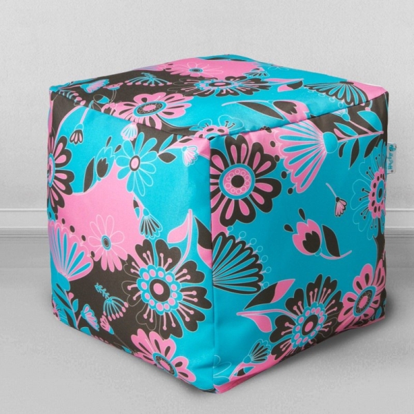 Пуфик мешок Кубик Цветы бирюзовые, мебельный хлопок