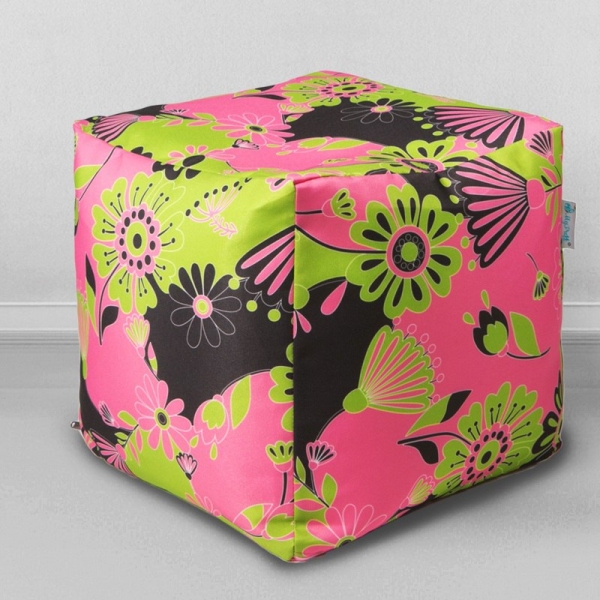 Пуфик мешок Кубик Цветы розовые, мебельный хлопок
